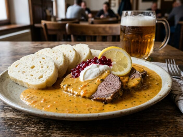 Кнедлики с соусом и мясом